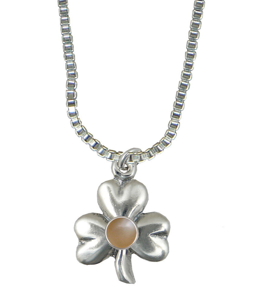 Sterling Silver Lucky Shamrock Pendant With Peach Moonstone